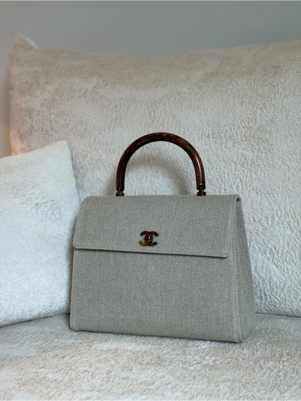RARE CHANEL vintage 2001 linen tortoise shell Kelly bag